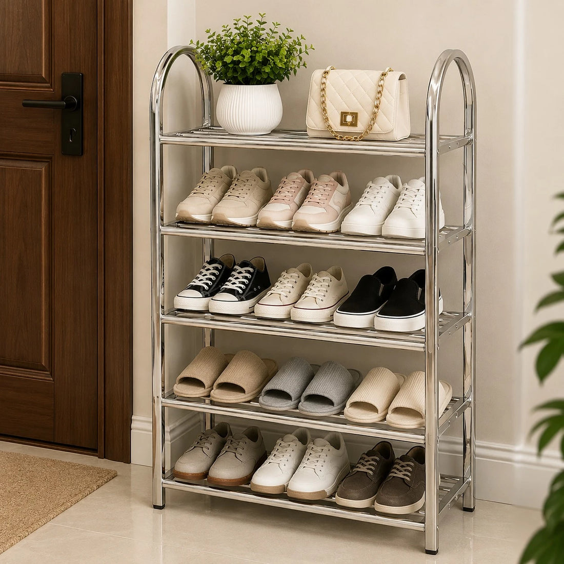 Stainless Steel 5 Tier Shoe Rack Entryway Organizer Easy Assembly Storage Shelf Stand