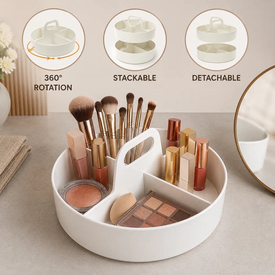 Makeup Organizer Rotating Vanity Tray Bathroom Counter Organizer Detachable Stackable 360 Degree Rotation
