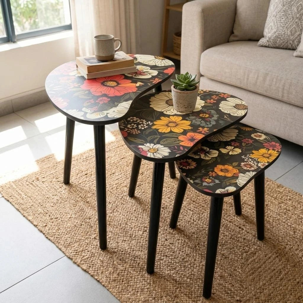 Nesting Floral Coffee Table Set of 3 Modern Side Tables with Interchangeable Legs for Living Room