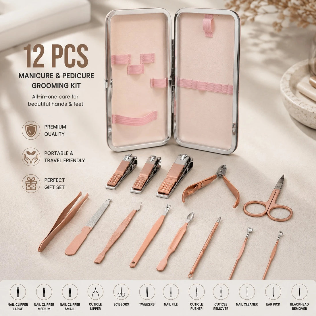 Manicure Pedicure Grooming Kit 12 PCS Rose Gold Stainless Steel Nail Care Travel Set with Portable Storage Case Professional Personal Care Tools