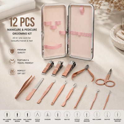 Manicure Pedicure Grooming Kit 12 PCS Rose Gold Stainless Steel Nail Care Travel Set with Portable Storage Case Professional Personal Care Tools