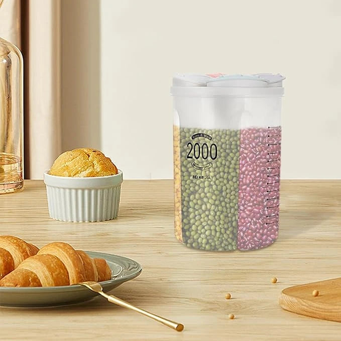 2000ml Multi-Compartment Airtight Food Storage Container with Petal-Shaped Pouring Lid for Rice Grains and Dry Food