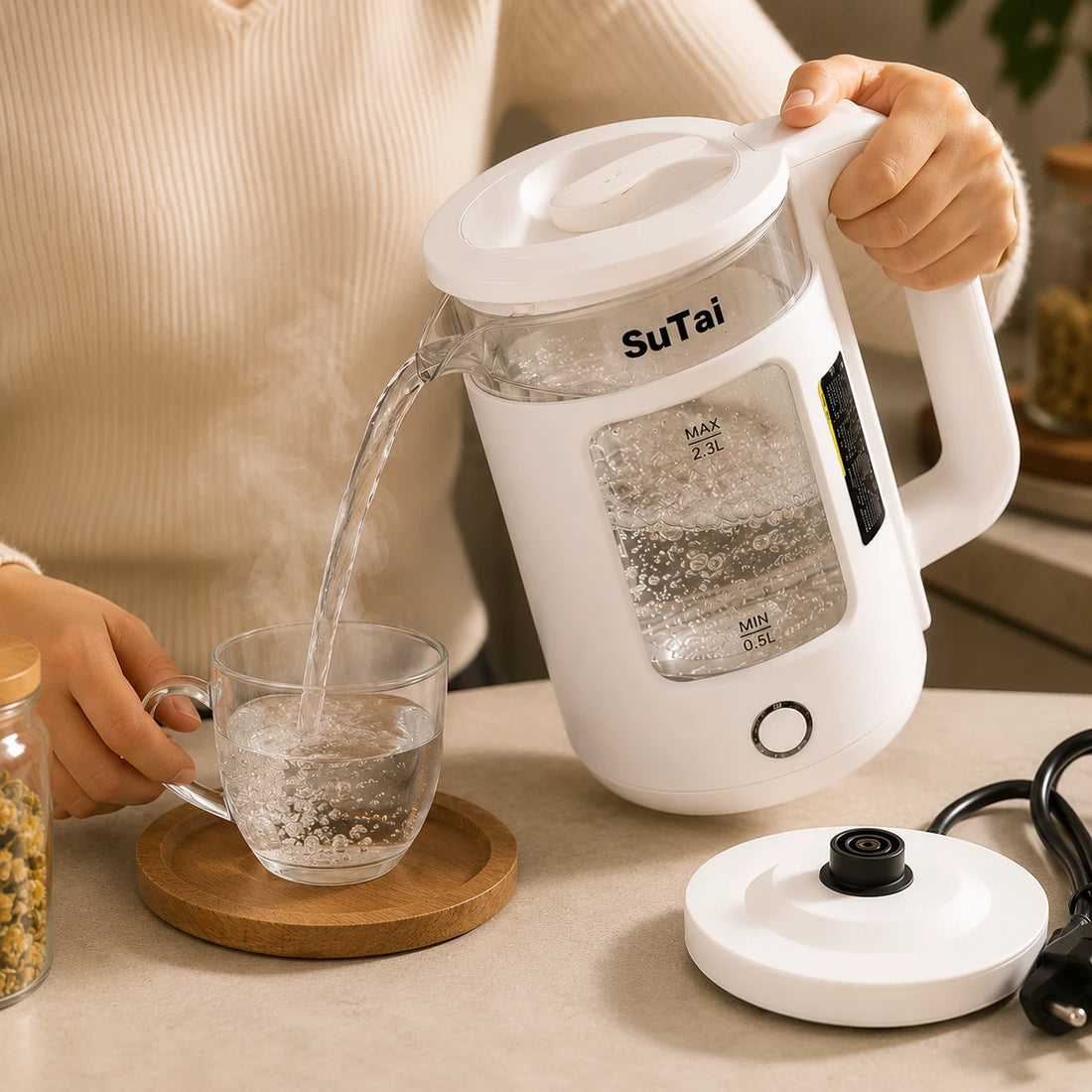 SuTai Electric Glass Kettle Water Boiler Tea Maker Cordless Kettle Stainless Steel Heating Element