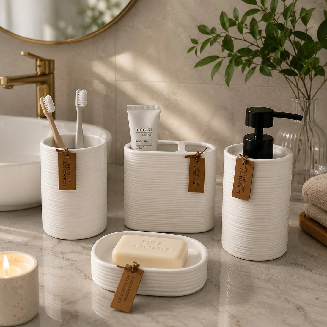 Sanitary Ceramic Bathroom Accessories Toothbrush Holder Organizer Vanity Counter Storage Cup White Ribbed Design