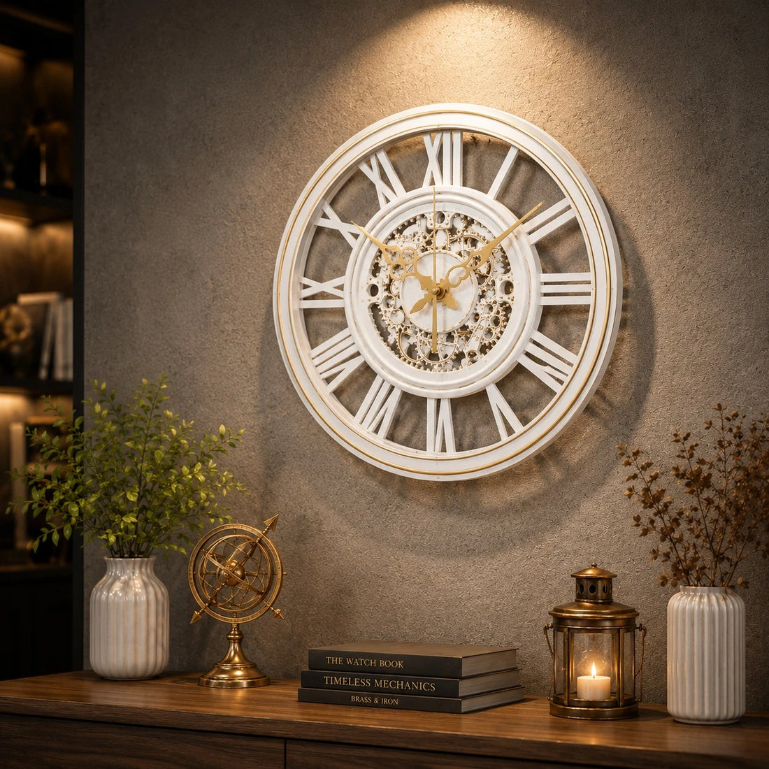 Vintage White Roman Wall Clock Open Gear Decorative Wall Clock 35 cm