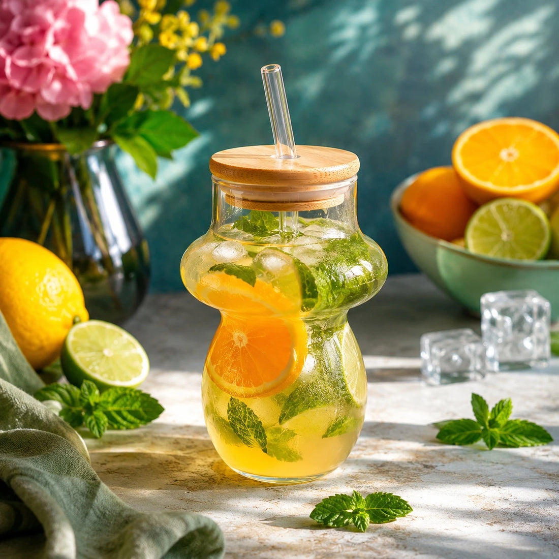 Creative Glass Juice Cup With Bamboo Lid Glass Straw Lemonade Cup 14 cm