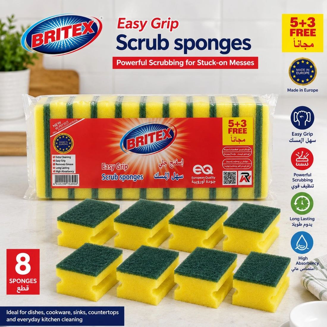 Britex Easy Grip Scrub Sponges Pack of 8 Kitchen Cleaning Sponge Heavy Duty Scouring Pad Dishwashing Sponge Household Cleaning Scrubber