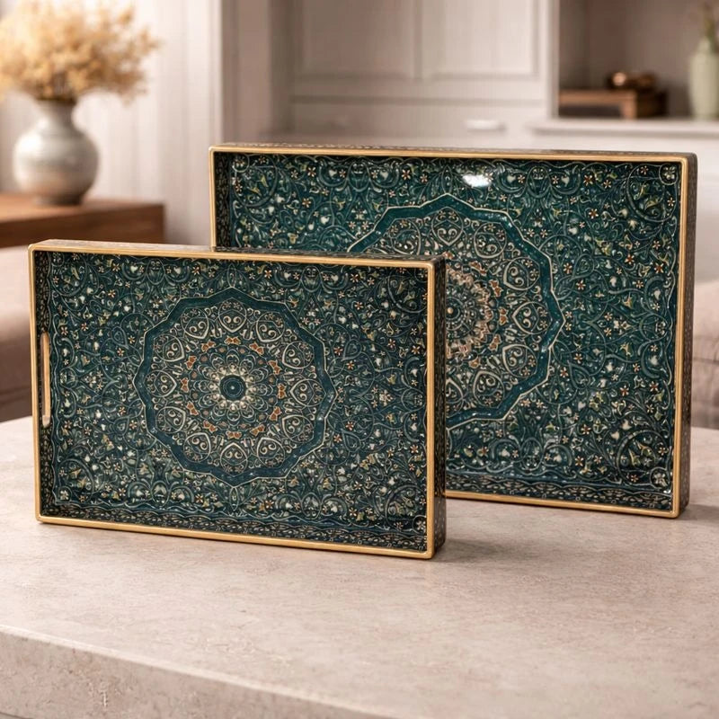 Arabesque Serving Tray Set 2 Pieces Teal Gold Decorative Coffee Dates Dessert Tray Ramadan