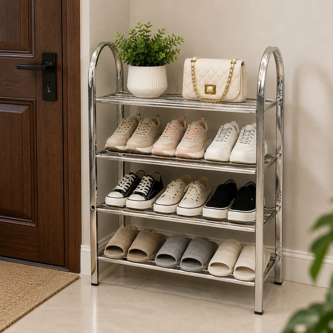 Stainless Steel 4 Tier Shoe Rack Entryway Organizer Easy Assembly Storage Shelf Stand