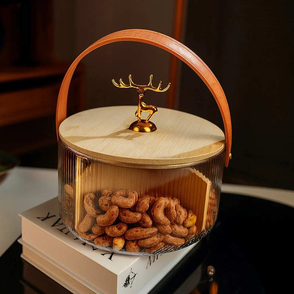 Golden Deer Glass Snack Jar with Bamboo Divider Storage for Nuts, Candies, Snacks & Home Serving