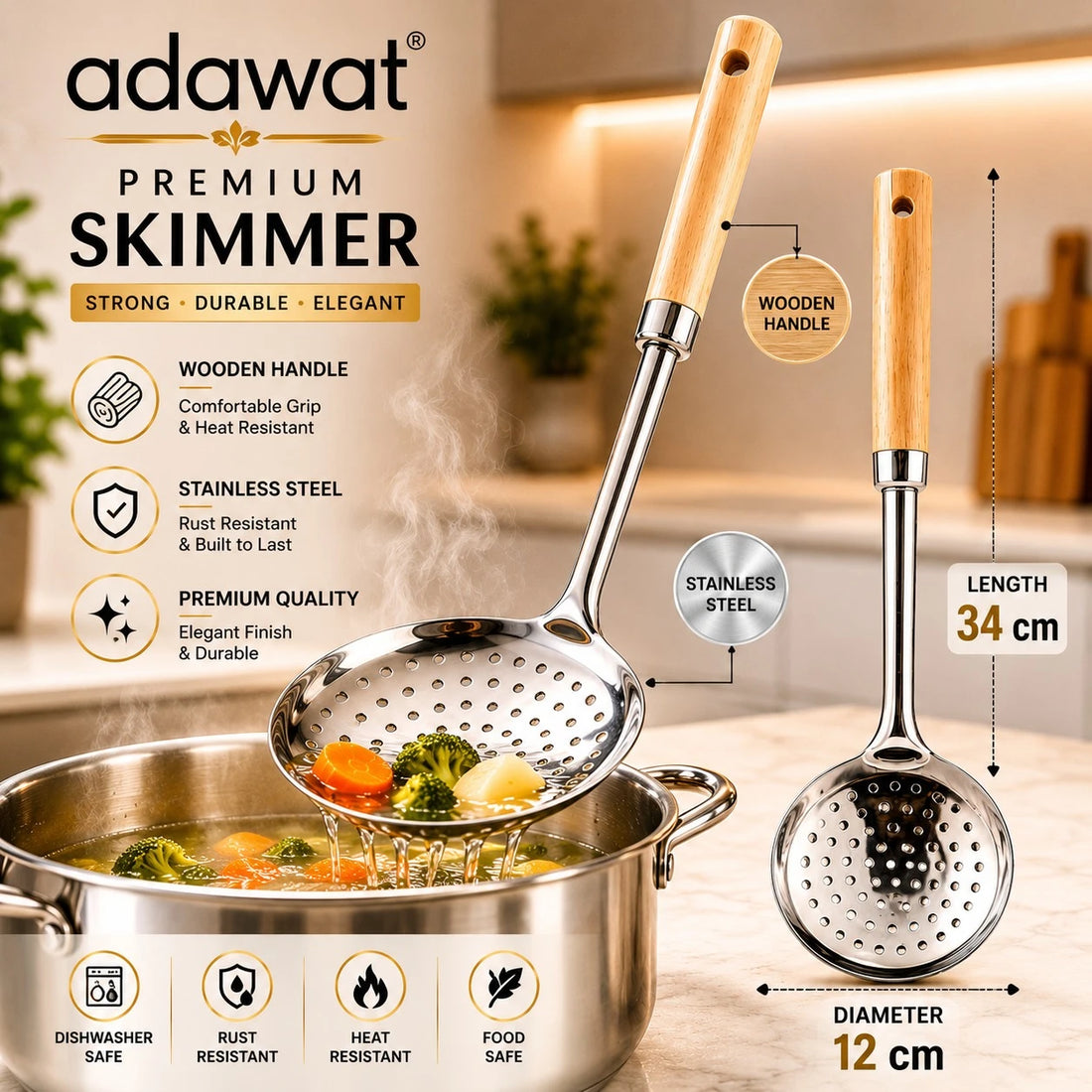 Adawat Stainless Steel Skimmer Wooden Handle Kitchen Strainer Spoon Food Skimmer Frying Spoon Soup Strainer 34 cm
