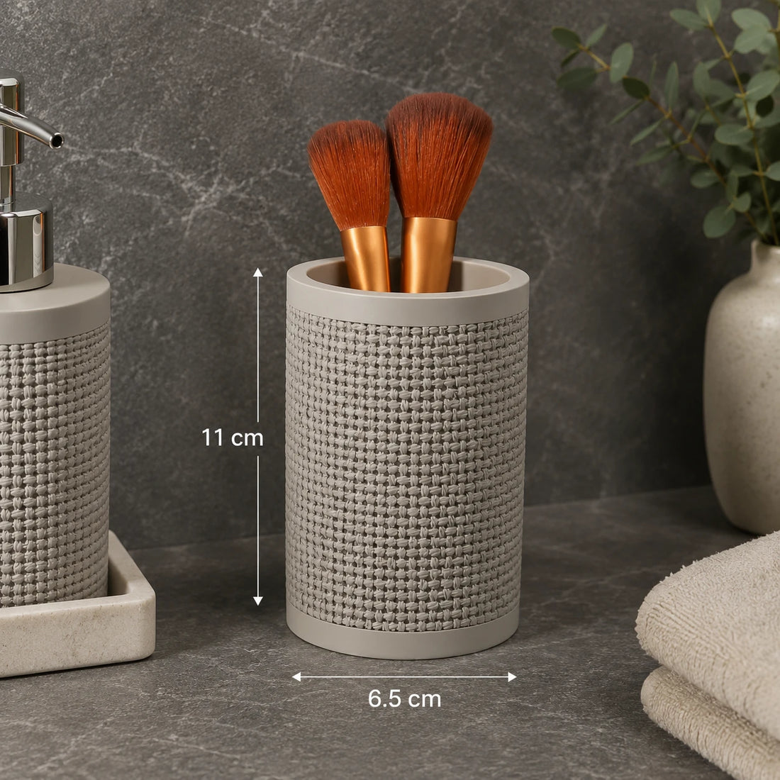 4 Piece Woven Texture Bathroom Accessories Set with Soap Dispenser, Toothbrush Holder, Tumbler & Soap Dish