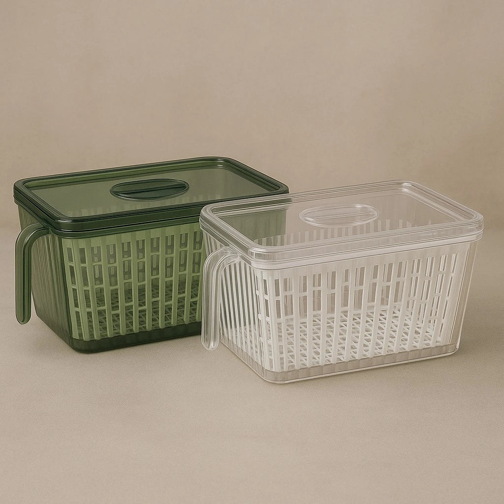 Fridge Food Drain Container Transparent and Green with Lid Fruit Vegetable Produce Meal Prep Storage Organizer