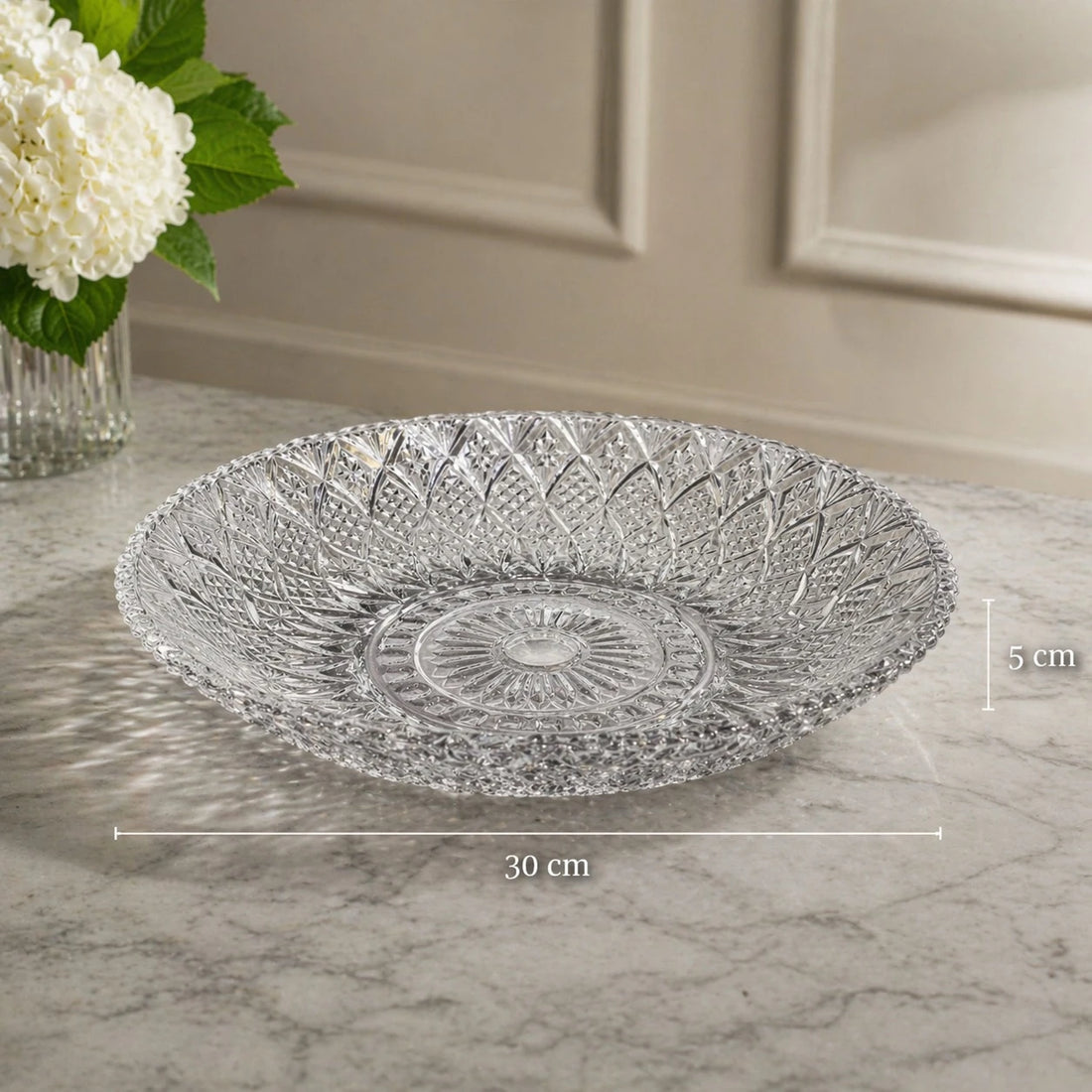 Clear Glass Deep Serving Plate Fruit Dish Decorative Cut Pattern Round Large Serving Tray Dessert Platter Table Centerpiece 30 cm