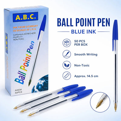 Blue Ball Point Pens Box of 50 Smooth Writing Non Toxic Pens for Office School Study and Everyday Writing