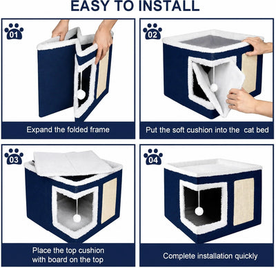 Cat House Bed Scratcher Condo Navy Blue Pet Hideaway Cozy Cat Cube Interactive Cat Cave Indoor Pet Furniture