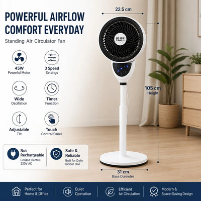 Standing Air Circulator Fan 45W Adjustable Floor Fan Indoor Cooling Fan