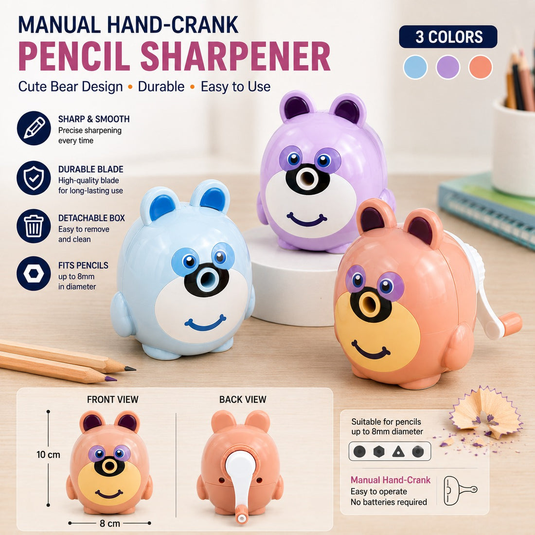 Manual Hand Crank Pencil Sharpener Bear Design with Detachable Shavings Box for School Office Kids Study and Stationery