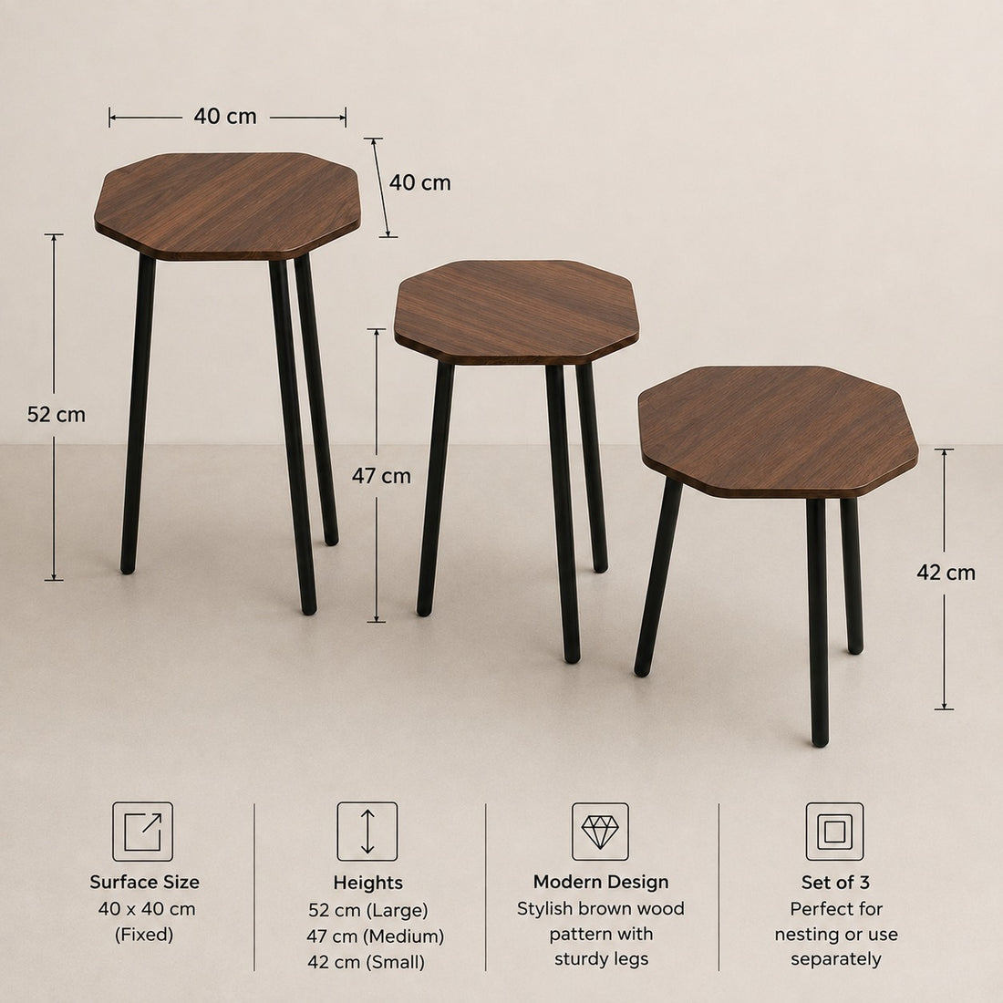 3 Piece Nesting Side Table Set with Wooden Top Aluminum Legs Modern Living Room Coffee Tables