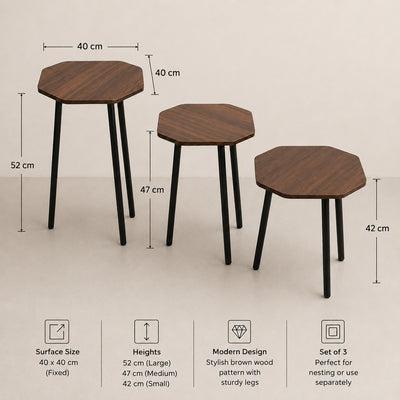 3 Piece Nesting Side Table Set with Wooden Top Aluminum Legs Modern Living Room Coffee Tables