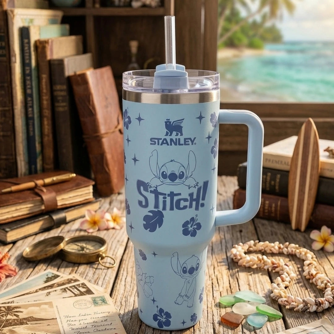 Stitch Inspired Stanley Style Stainless Steel Insulated Tumbler Cup With Handle Straw 40 Oz