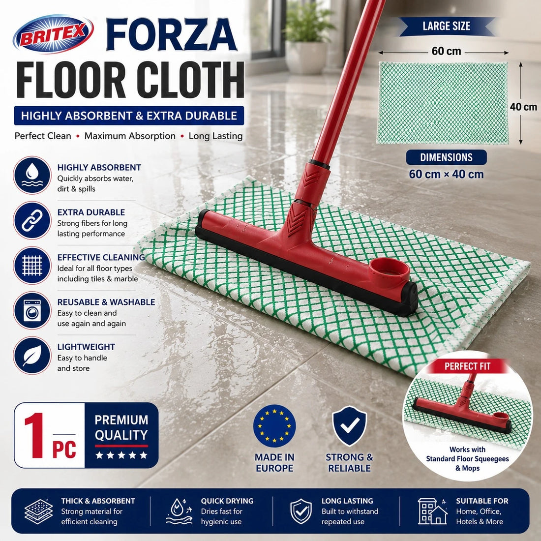 BRITEX Forza Floor Cloth Highly Absorbent Floor Cleaning Cloth Reusable Mop Cloth Heavy Duty Floor Wiping Cloth Water Absorbing Cleaning Pad