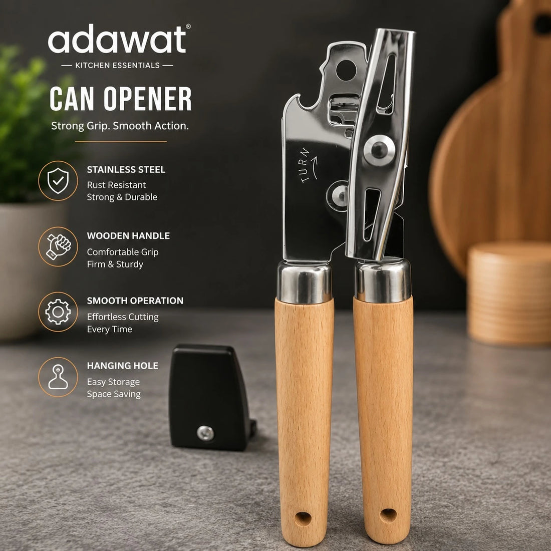 Adawat Stainless Steel Can Opener Wooden Handle Manual Tin Opener Kitchen Bottle Opener 20.5cm