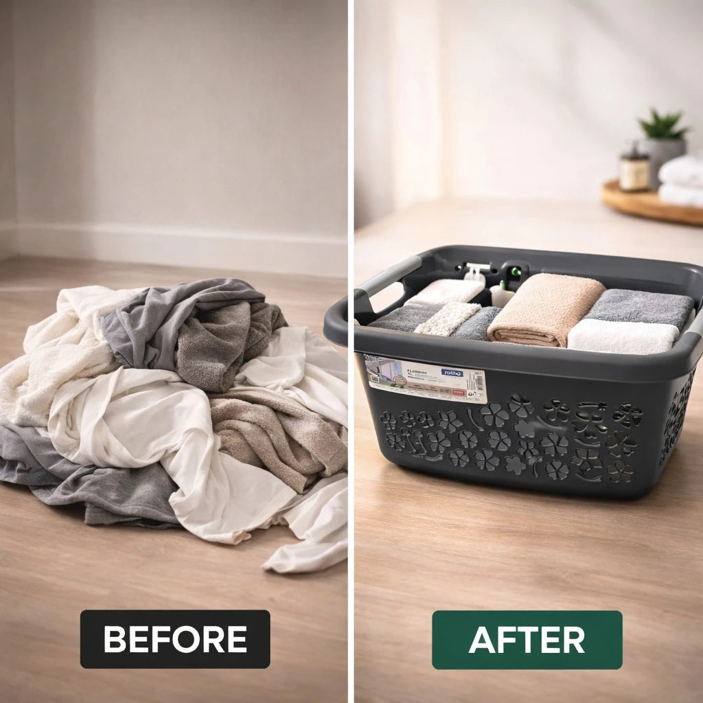 Rotho Laundry Basket Plastic Storage Basket Organizer Clothes Hamper Flowers Design Swiss Made 25L