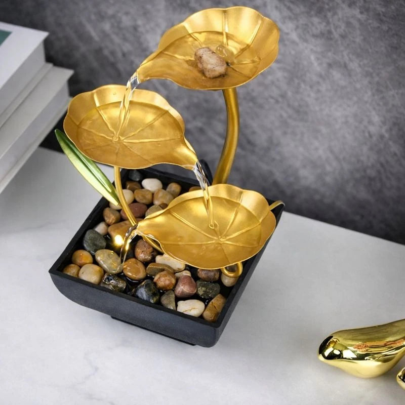 Decorative Tabletop Water Fountain Gold Lotus Leaf Indoor Zen Waterfall LED Light Home Office Relaxation Decor