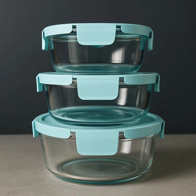 3 Piece Round Glass Container Set Reusable Food Storage Bowls for Leftovers Meal Prep and Daily Kitchen Storage