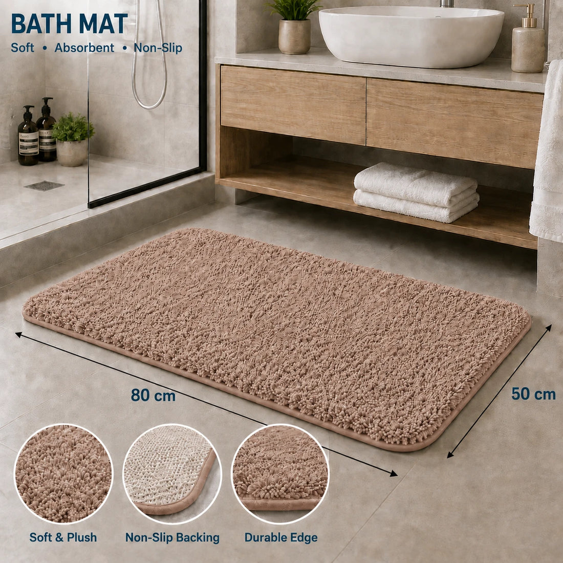 Plush Bathroom Bath Mat 80×50 cm Soft Absorbent Non Slip Shaggy Floor Rug