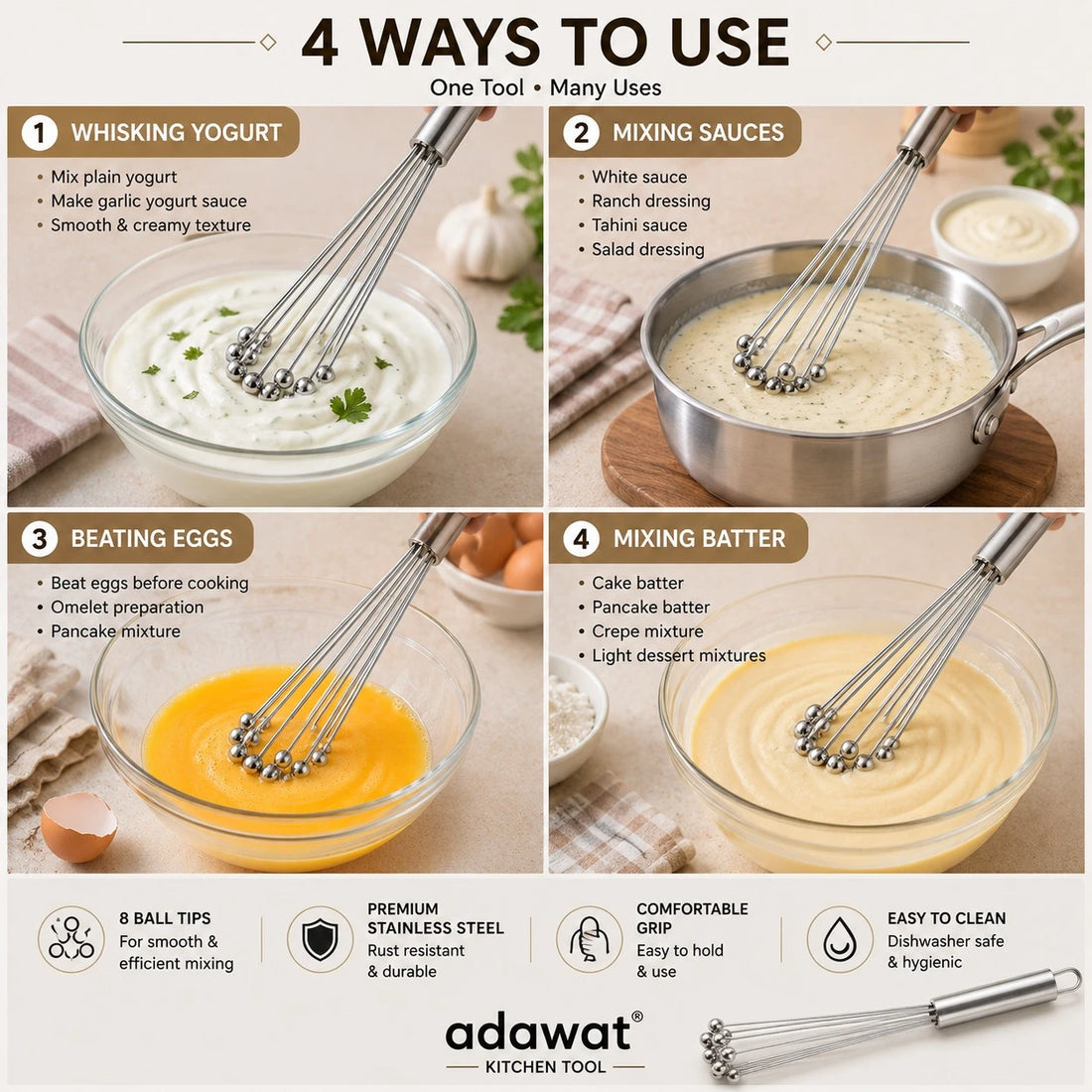 Adawat Stainless Steel Ball Tip Whisk Kitchen Mixing Tool Yogurt Sauce Egg Batter Mixer 30 cm