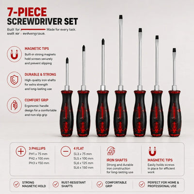 7 Piece Magnetic Screwdriver Set Phillips and Flat Head Iron Shafts Ergonomic Grip Hand Tool Set