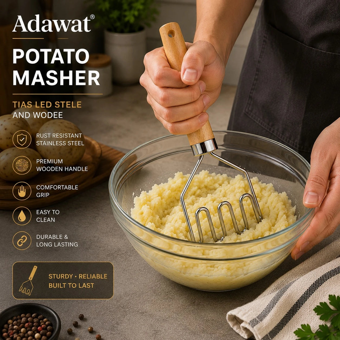 Adawat Potato Masher Stainless Steel Wooden Handle Kitchen Masher Vegetable Masher Cooking Tool
