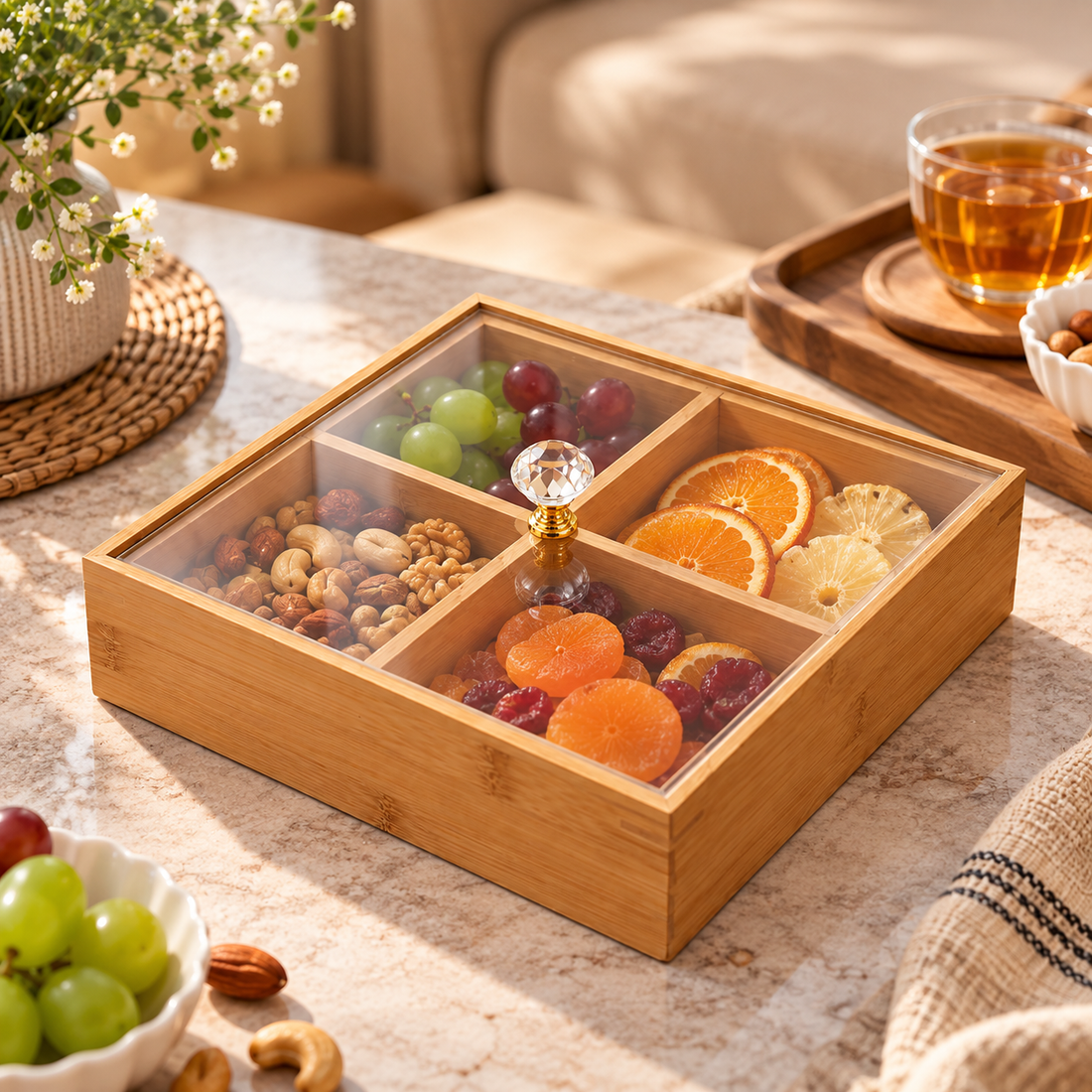 Bamboo 4 Compartment Candy Storage Box