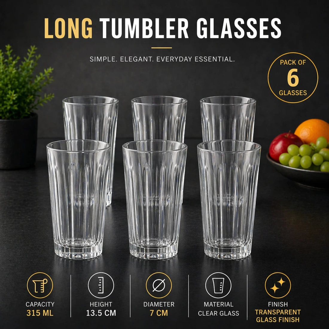Long Clear Glass Tumblers 315 ml Pack of 6 Drinking Glass Set Ribbed Design Everyday Kitchen Glassware 13.5 cm