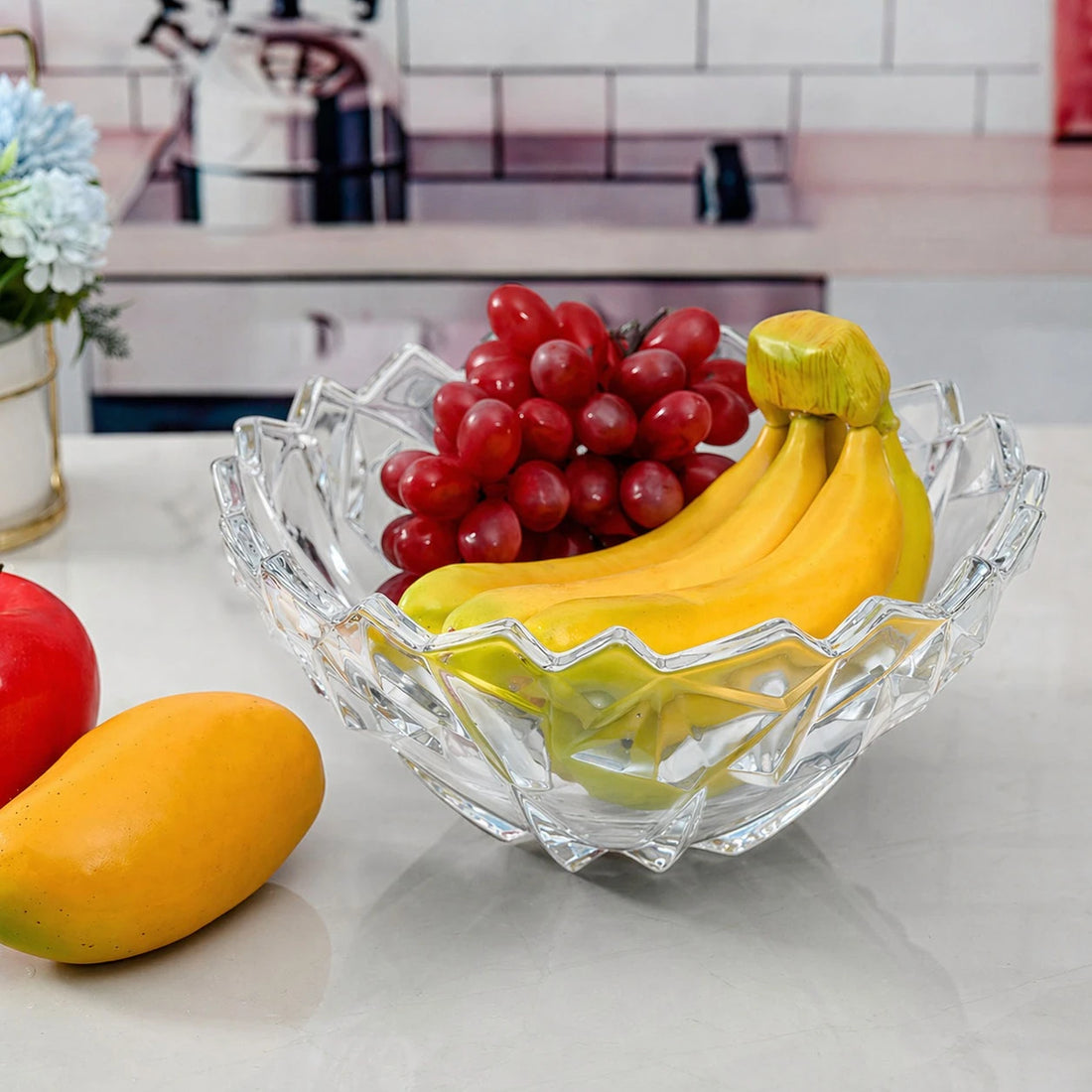 Clear Glass Decorative Bowl Crystal Cut Fruit Candy Serving Bowl Round Elegant Table Centerpiece 23 cm