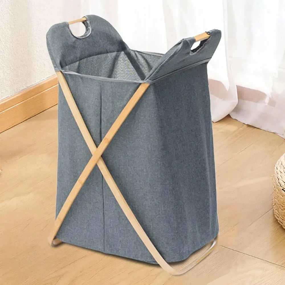 Foldable Bamboo Laundry Basket with Fabric Storage Hamper Handles and Space Saving Design