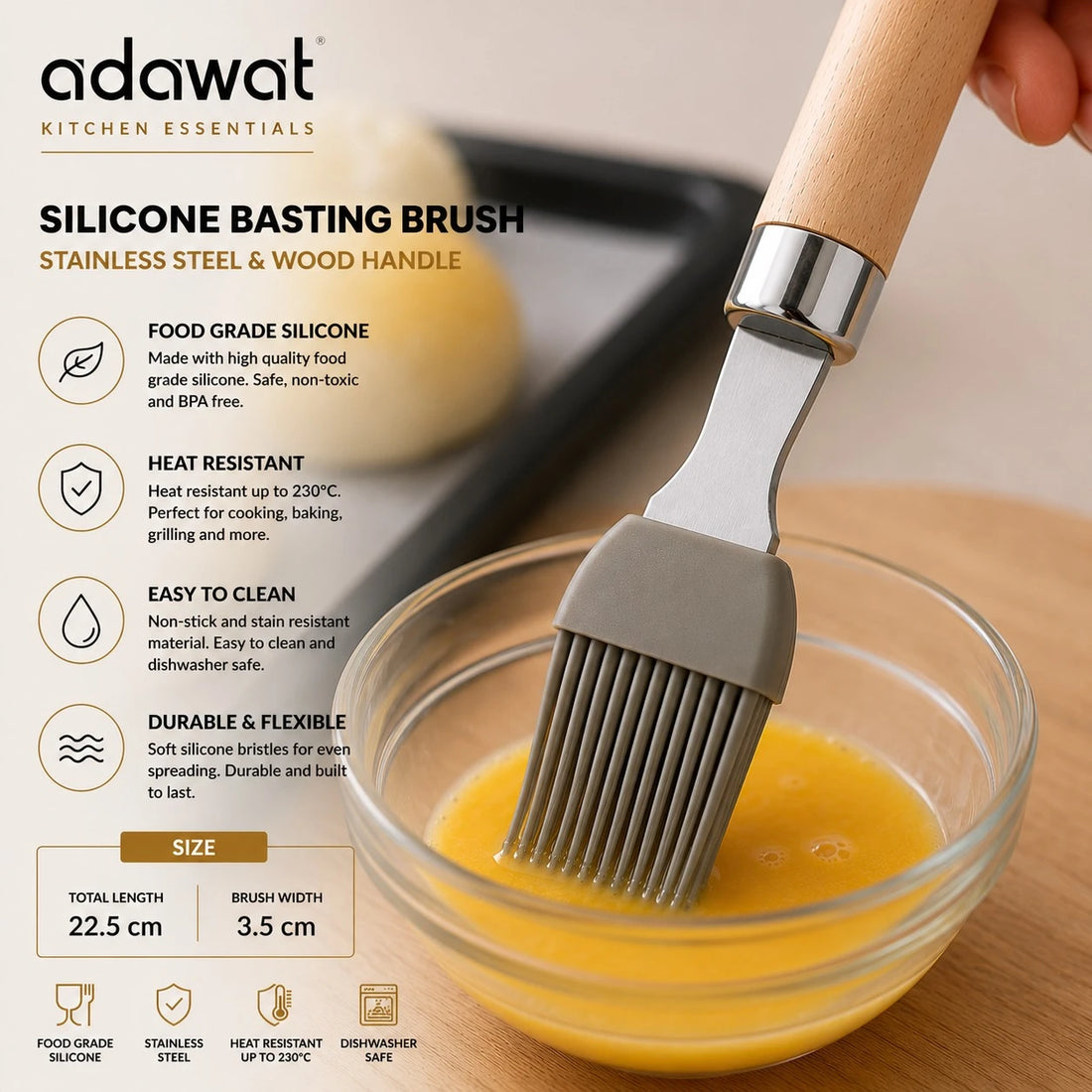 Adawat Silicone Basting Brush Stainless Steel And Wooden Handle Kitchen Cooking Baking Oil Brush