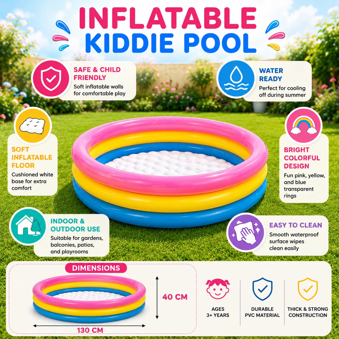 Inflatable Kiddie Summer Pool Colorful Kids Pool Family Garden Play Pool Big