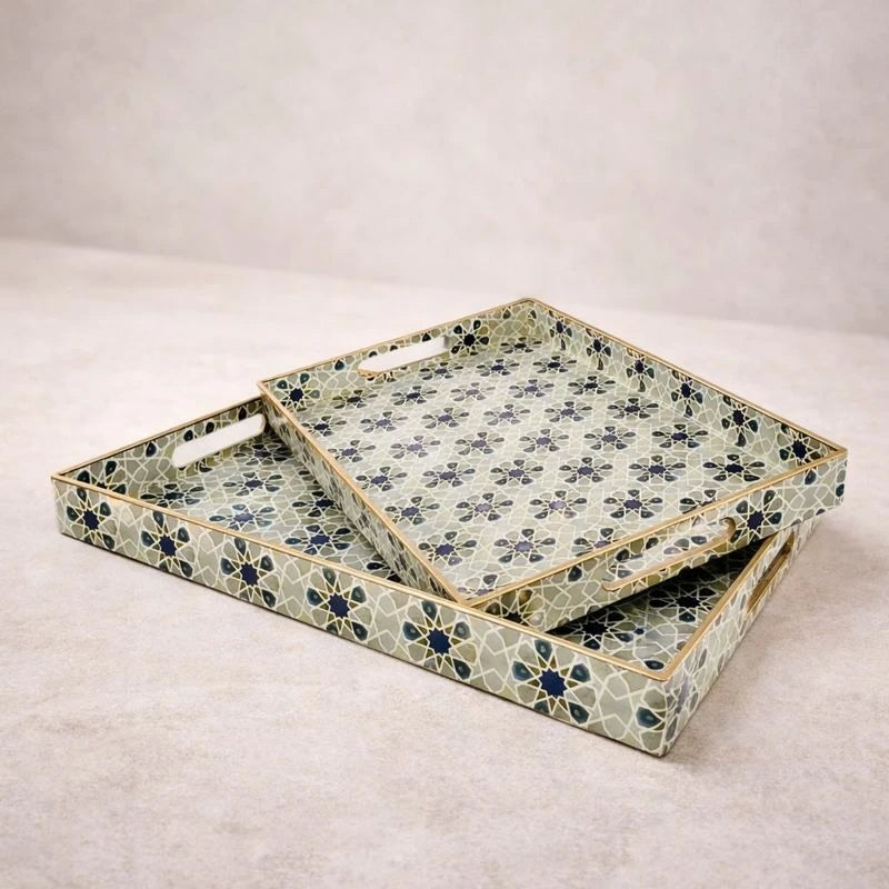 Arabesque Decorative Rectangular Serving Tray Set 2 Pieces Teal Gold Coffee Dessert Hosting