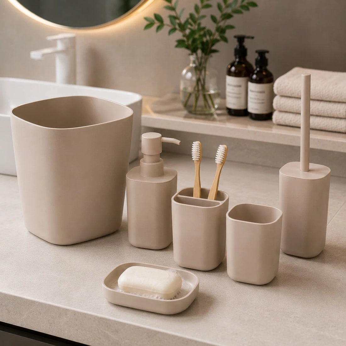 6 Piece Beige Plastic Bathroom Accessories Set with Trash Bin Soap Dispenser Toothbrush Holder Tumbler Soap Dish and Toilet Brush