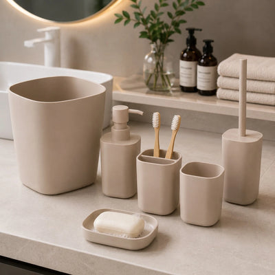6 Piece Beige Plastic Bathroom Accessories Set with Trash Bin Soap Dispenser Toothbrush Holder Tumbler Soap Dish and Toilet Brush