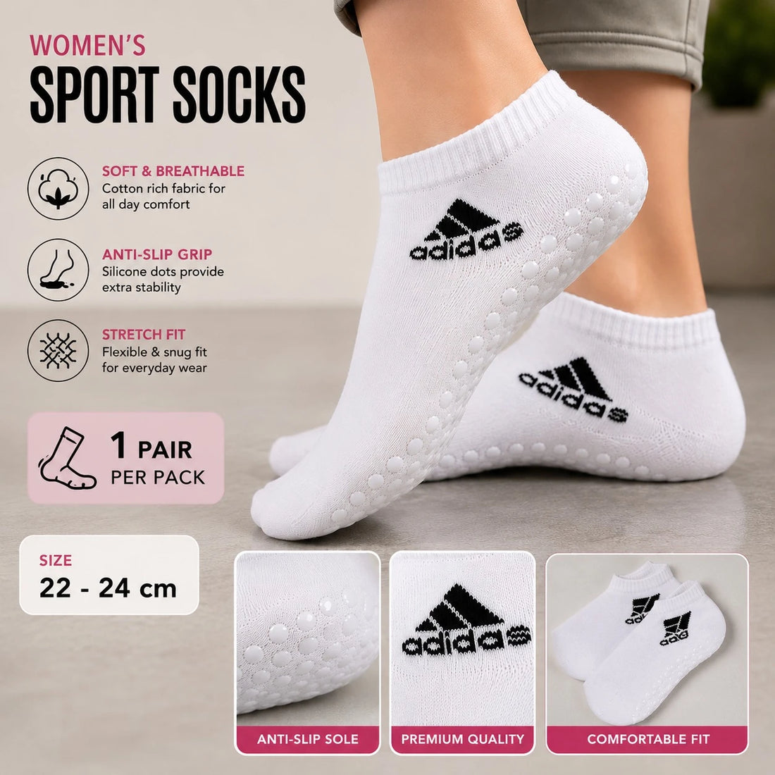 Women's Anti Slip Grip Ankle Socks Cotton Low Cut Non Skid Yoga Pilates Sports Socks