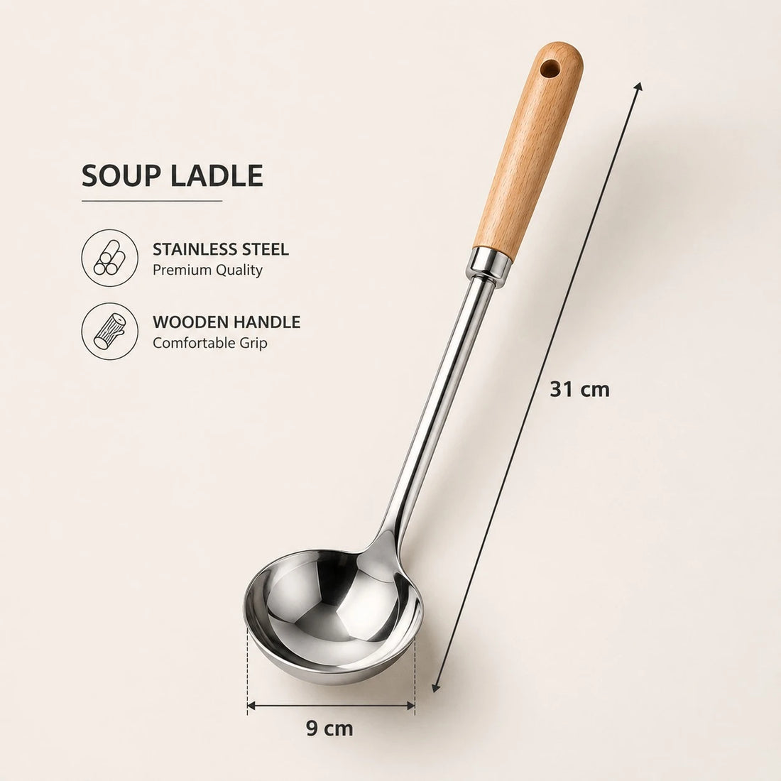 Adawat Stainless Steel Soup Ladle Serving Spoon Wooden Handle Kitchen Soup Server Gravy Ladle Sauce Spoon Cooking Utensil