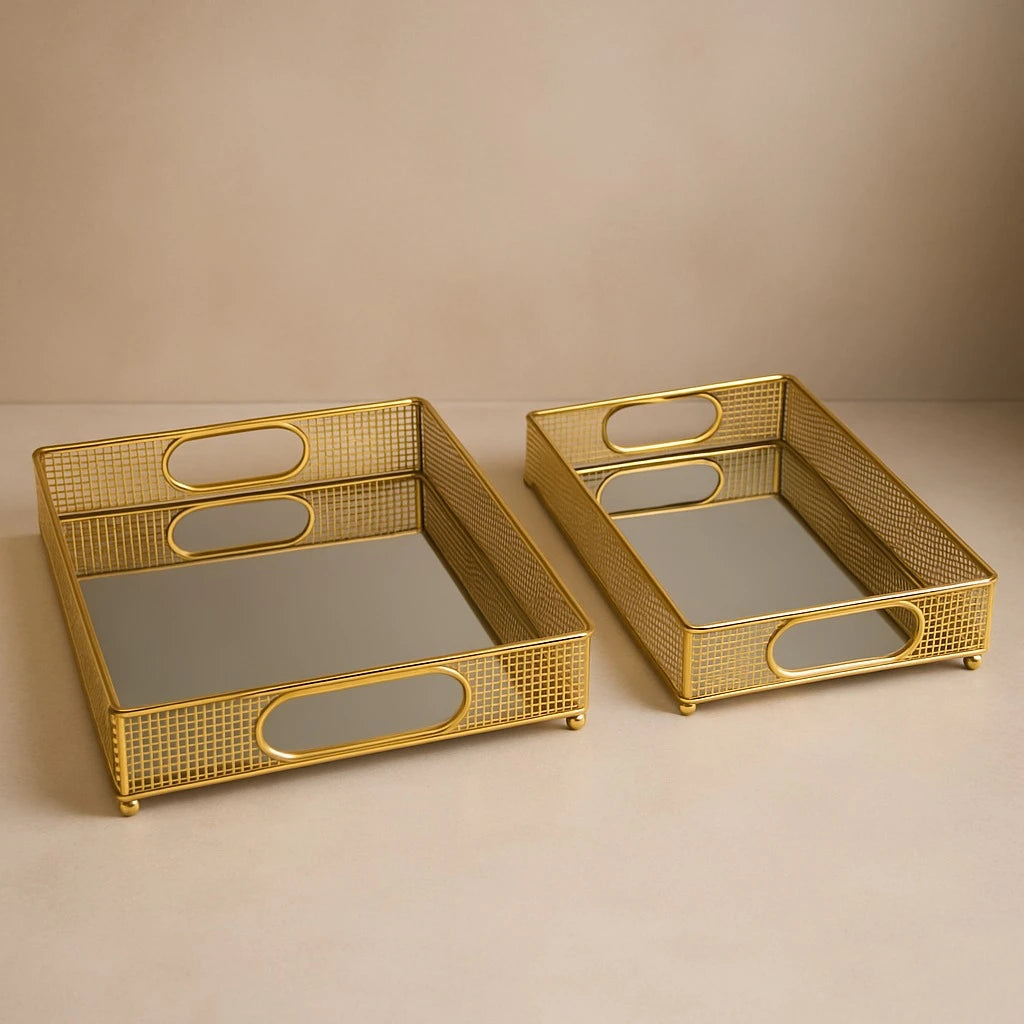 Gold Mesh Mirror Serving Trays 2 Pcs Set, 35×25 cm & 30×20 cm