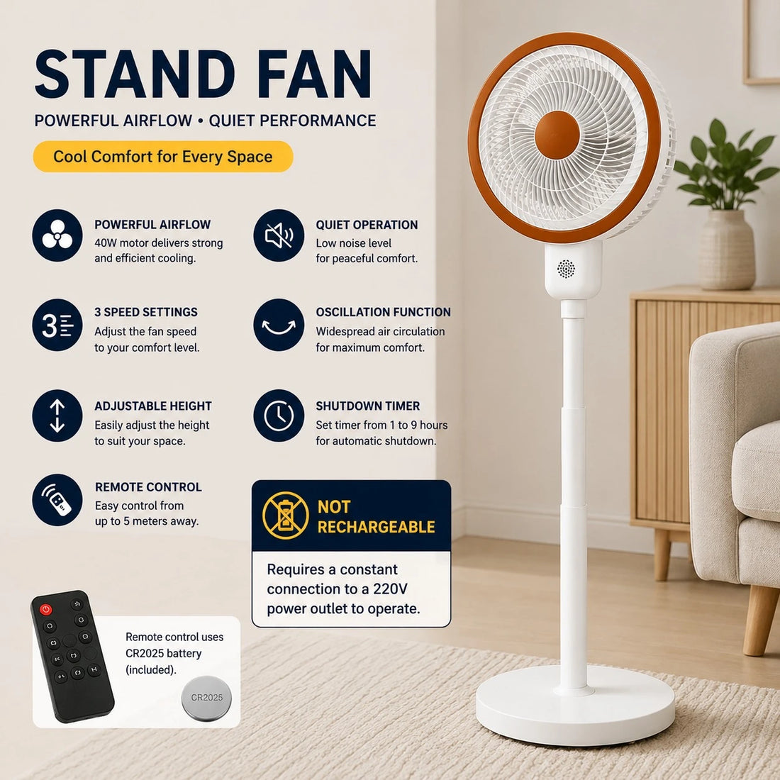 Standing Air Circulator Fan 40W Remote Control Oscillating Floor Fan