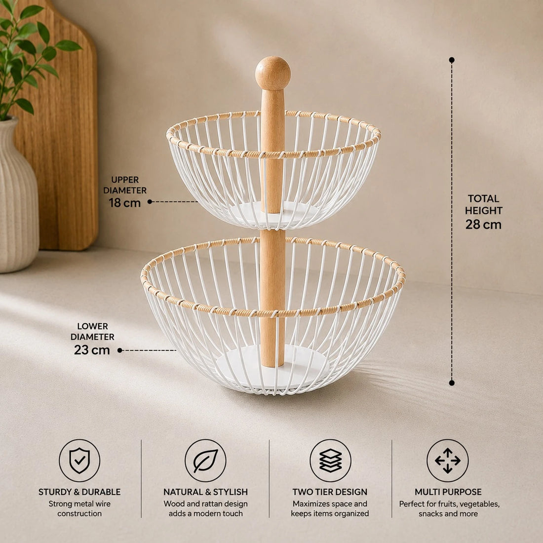 2 Tier White Metal Wire Fruit Basket with Wooden Handle Kitchen Countertop Storage Organizer