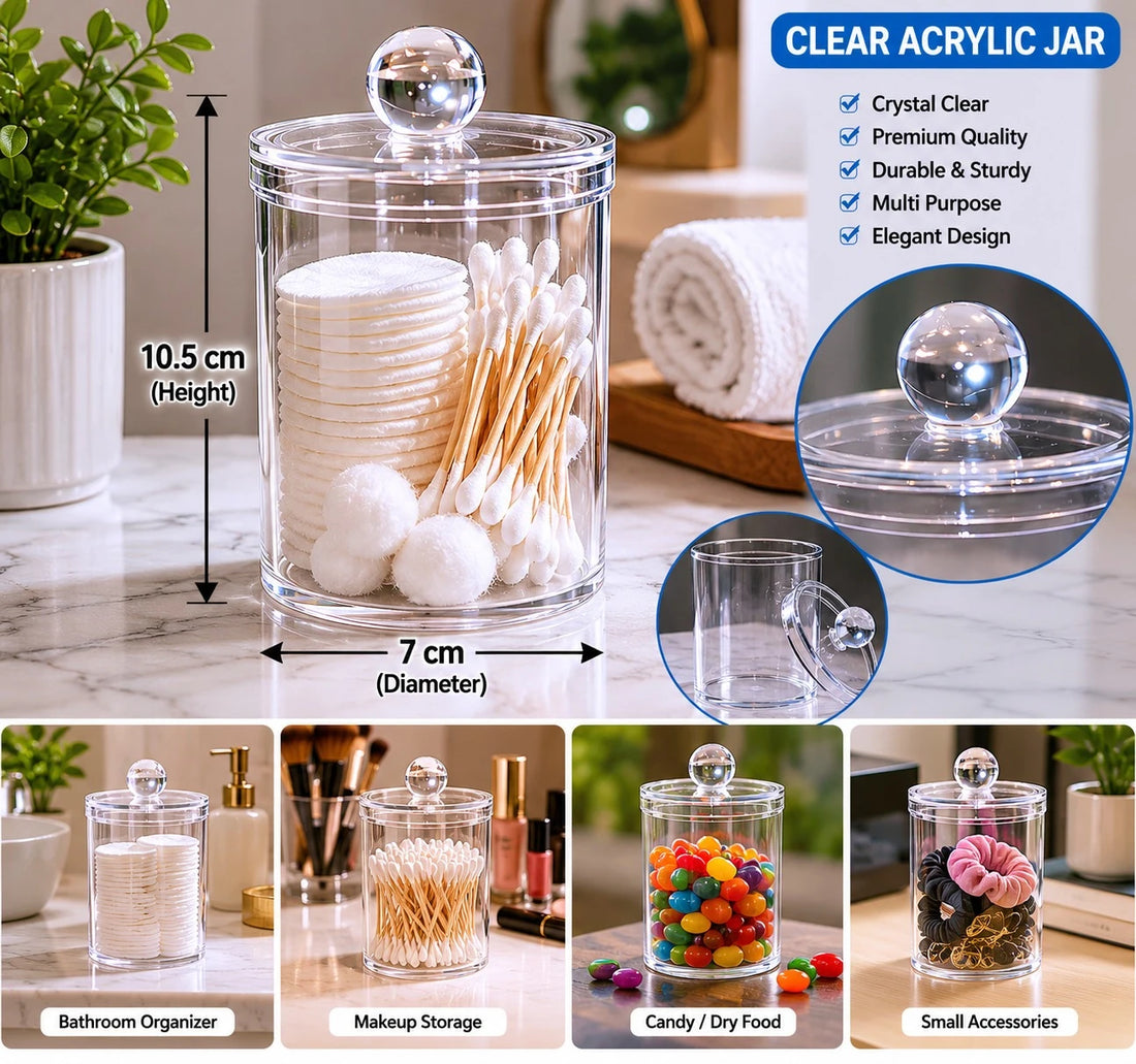 Clear Acrylic Cotton Swab Holder Organizer Jar Bathroom Vanity Storage Makeup Container