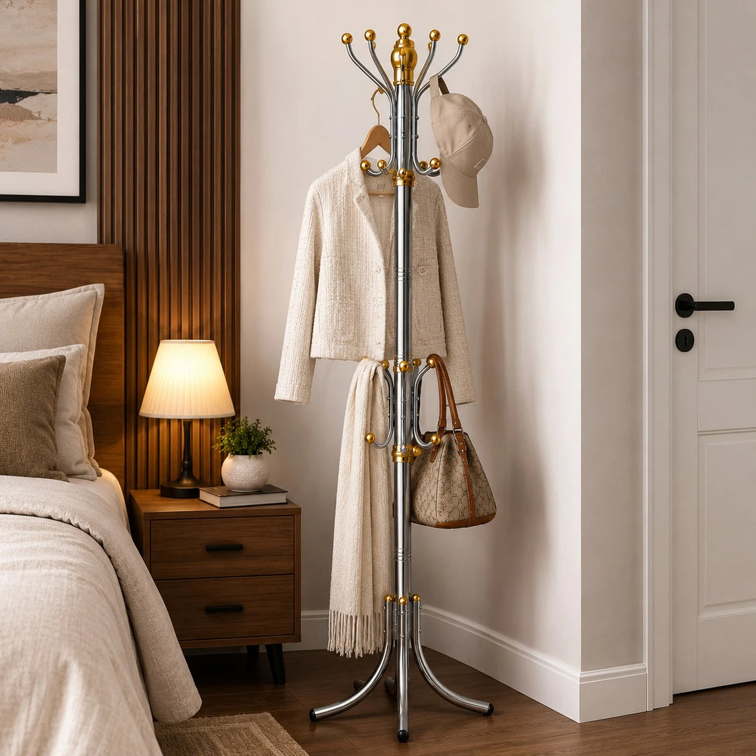 Stainless Steel Coat Rack Stand 12 Hook Entryway Bedroom Clothes Hanger Organizer